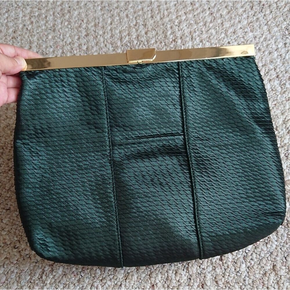 Halston Heritage foldable Frame Clutch in lux weaved green silk